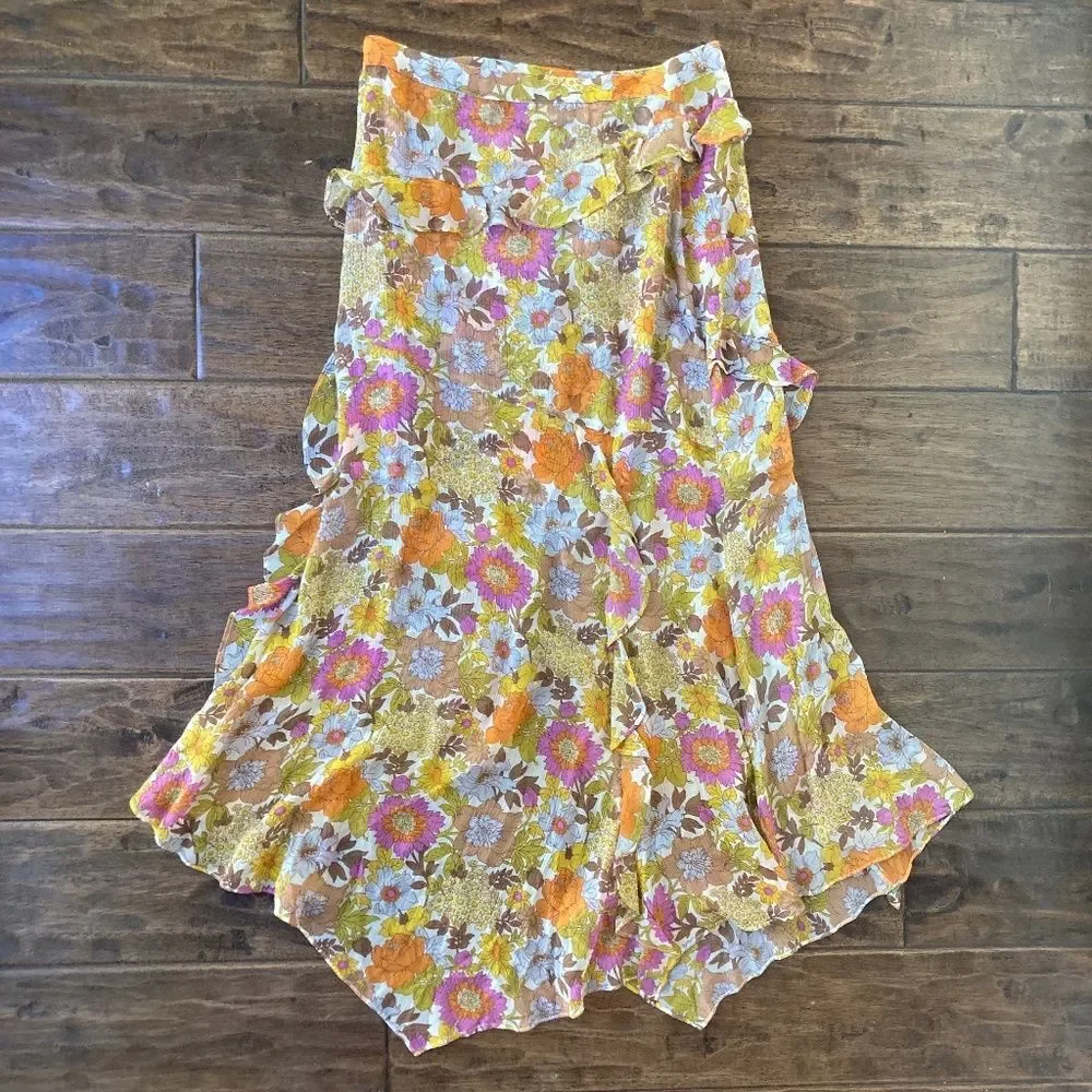 Veronica Beard  Stone Garden Floral Eleonora Midi Skirt Size 4 Pink Orange